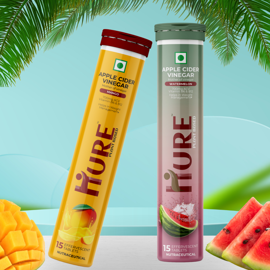 HURE ACV The Plant Fix Apple Cider Vinegar Effervescent Tablet With Vitamin B6 & B12 for weight loss | Pack of 2 | Easy to consume ( Watermelon & Mango Flavour Combo Pack )