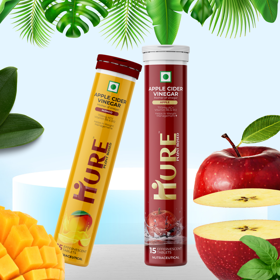 HURE ACV The Plant Fix Apple Cider Vinegar Effervescent Tablet With Vitamin B6 & B12 for weight loss | Pack of 2 | Easy to consume ( Apple & Mango Flavour Combo Pack )