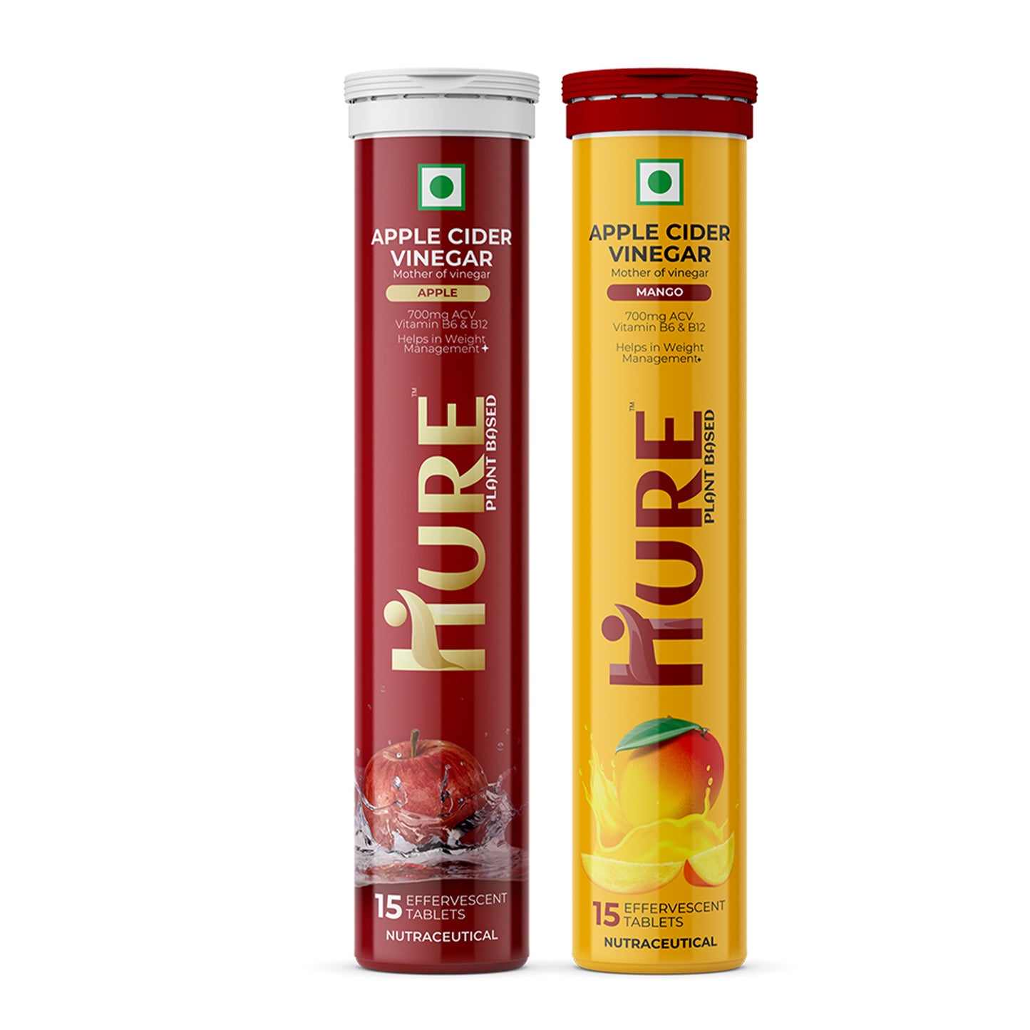 HURE ACV The Plant Fix Apple Cider Vinegar Effervescent Tablet With Vitamin B6 & B12 for weight loss | Pack of 2 | Easy to consume ( Apple & Mango Flavour Combo Pack )