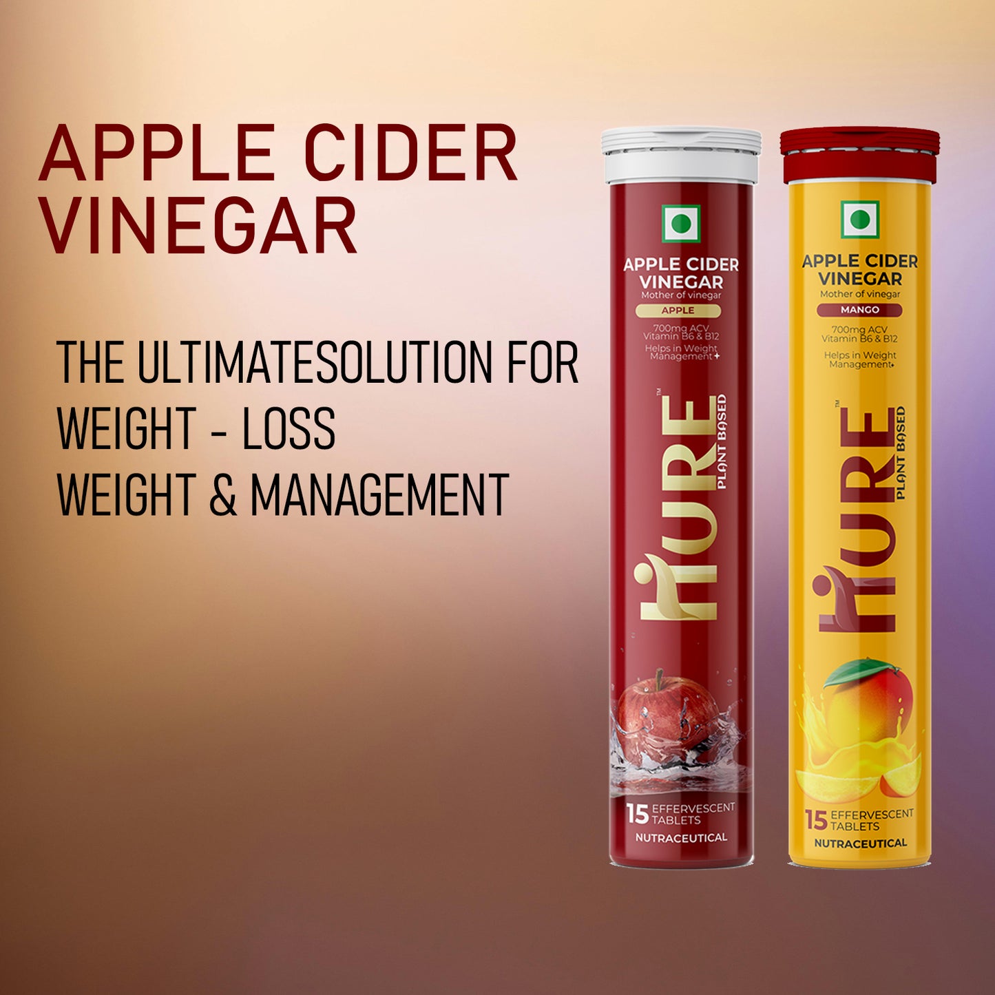 HURE ACV The Plant Fix Apple Cider Vinegar Effervescent Tablet With Vitamin B6 & B12 for weight loss | Pack of 2 | Easy to consume ( Apple & Mango Flavour Combo Pack )