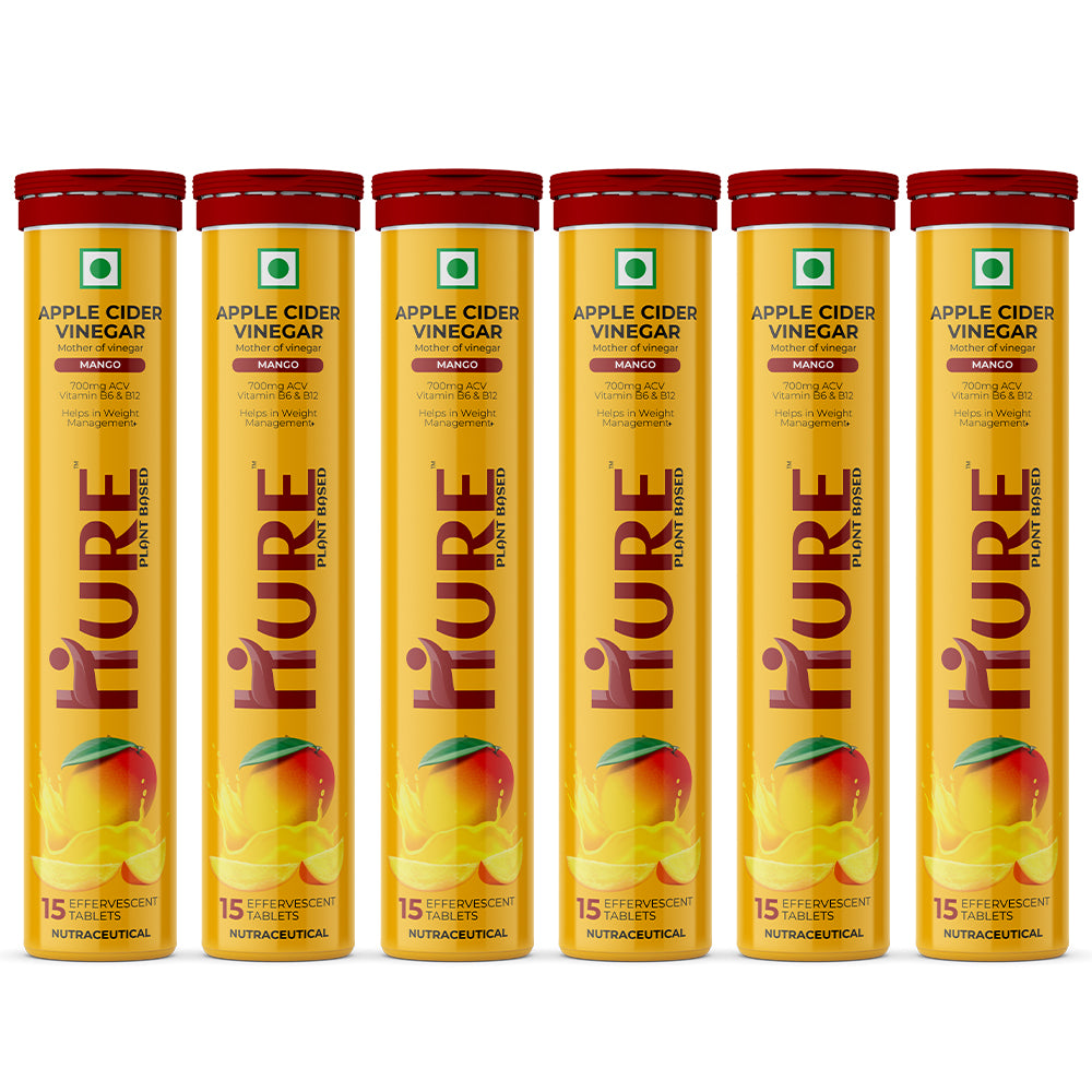 HURE ACV The Plant Fix Apple Cider Vinegar Effervescent Tablet With Vitamin B6 & B12 for weight loss|Pack of 6|Easy to consume (Mango Flavour)