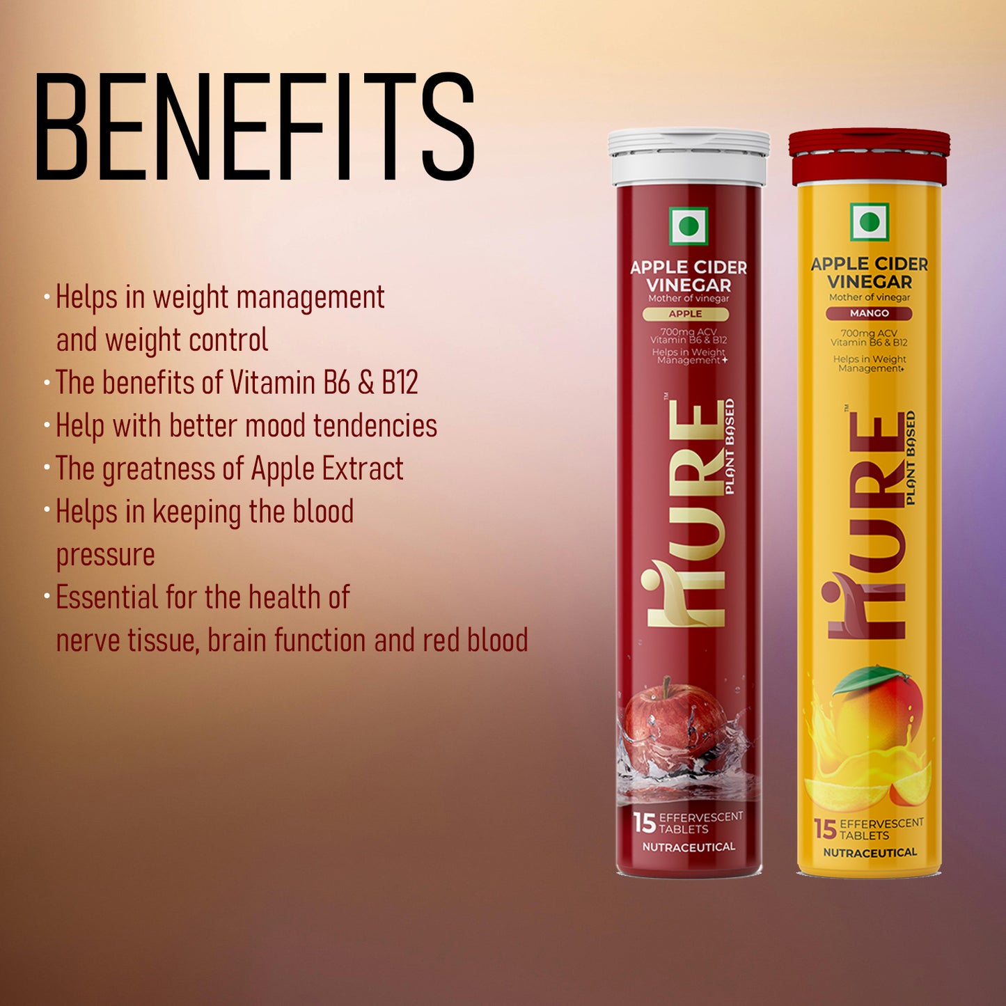 HURE ACV The Plant Fix Apple Cider Vinegar Effervescent Tablet With Vitamin B6 & B12 for weight loss | Pack of 2 | Easy to consume ( Apple & Mango Flavour Combo Pack )