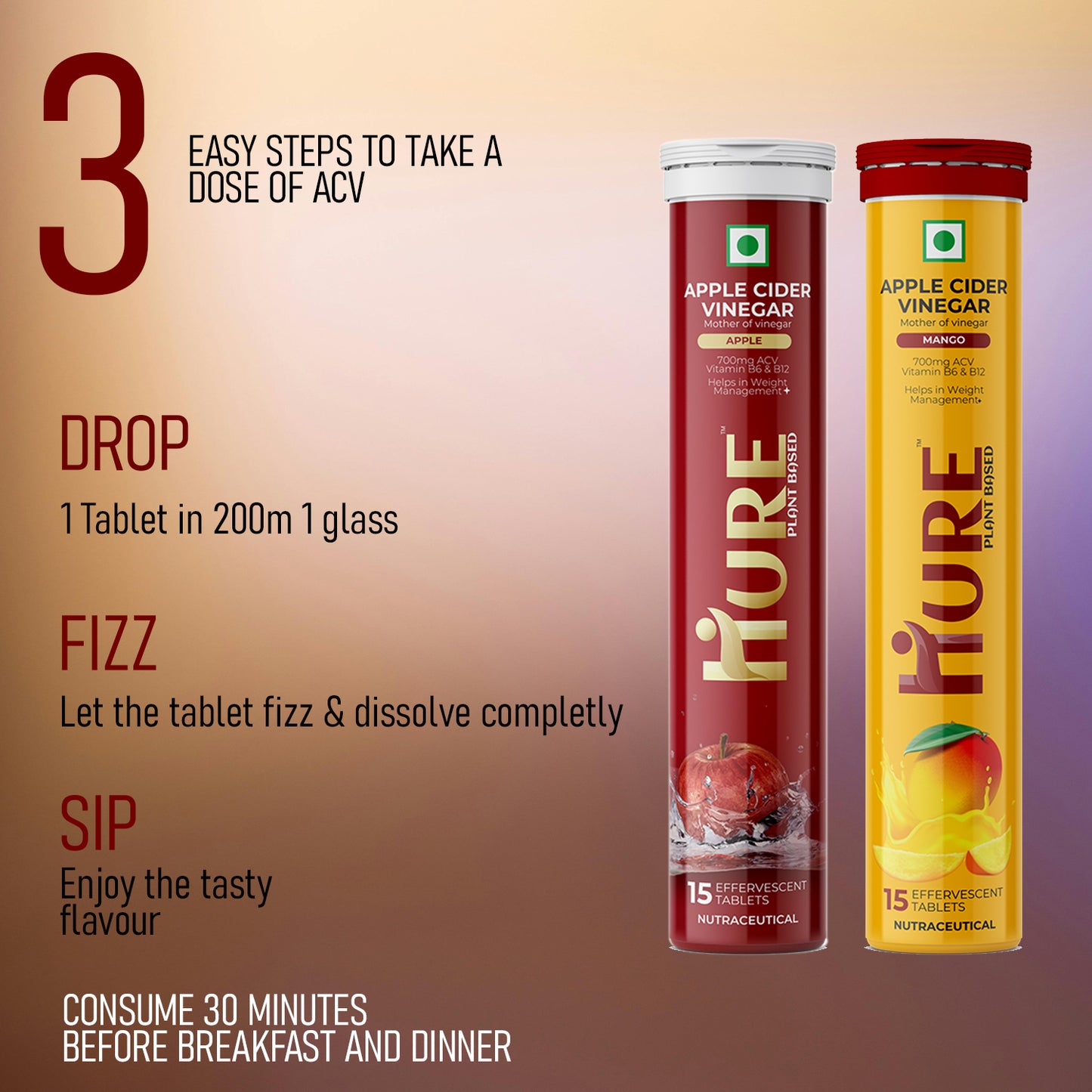 HURE ACV The Plant Fix Apple Cider Vinegar Effervescent Tablet With Vitamin B6 & B12 for weight loss | Pack of 2 | Easy to consume ( Apple & Mango Flavour Combo Pack )