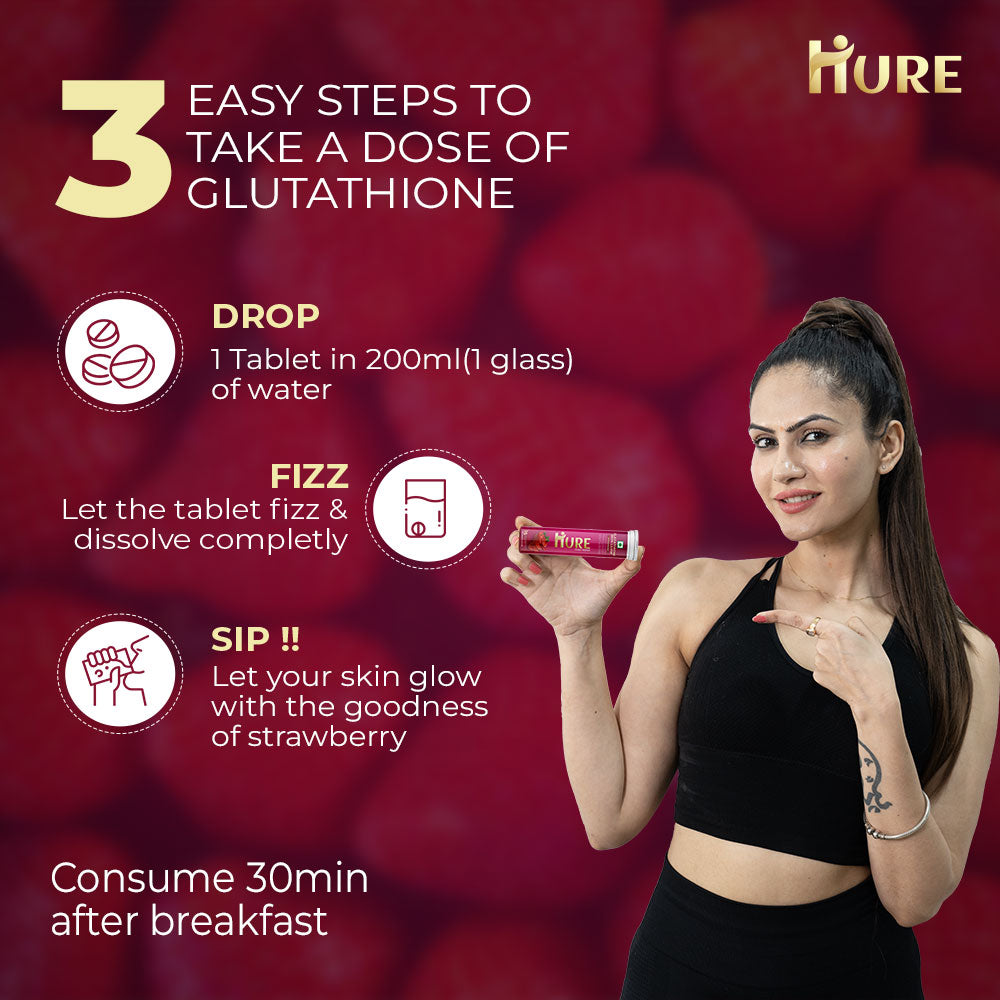 HURE Glutathione 180 effervescent tablets (Strawberry) | 3 Month Pack