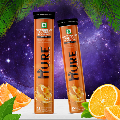 HURE Natural Orange Electrolyte Energy Booster | Natural Formula to Boost Energy & Hydration (Pack of 4 x 15)