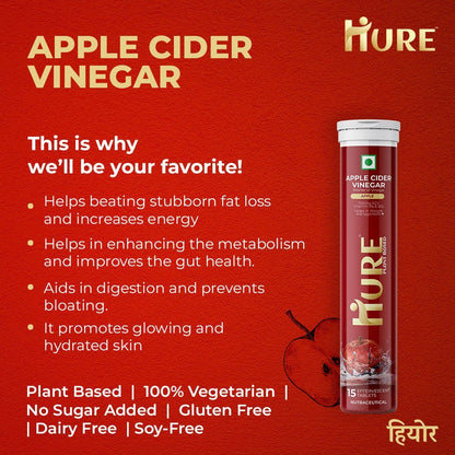 HURE Apple Cider Vinegar 15 Effervescent Tablets (Apple) | Pack of 2 - Hure