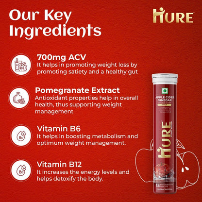 HURE Apple Cider Vinegar 15 Effervescent Tablets (Apple) | Pack of 2 - Hure