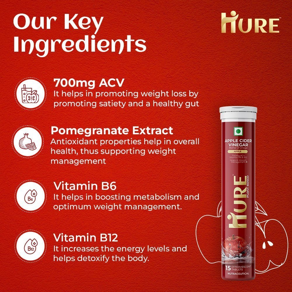 HURE Apple Cider Vinegar 15 Effervescent Tablets (Apple) | Pack of 4 - Hure