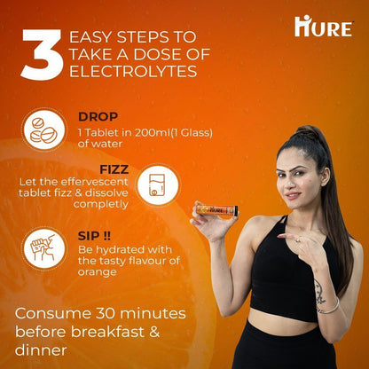 HURE Electrolyte Energy Booster 15 effervescent tablets (Orange) | Pack of 2 - Hure