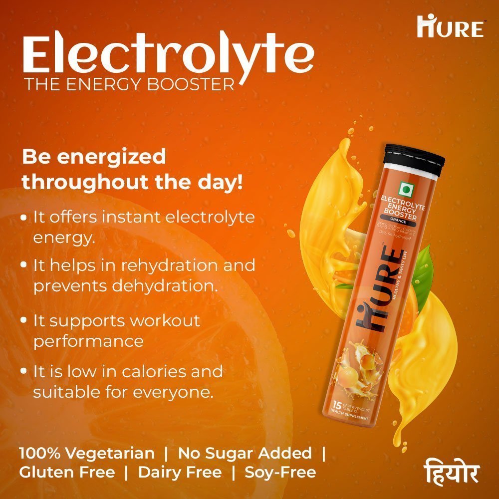 HURE Electrolyte Energy Booster 15 effervescent tablets (Orange) | Pack of 2 - Hure