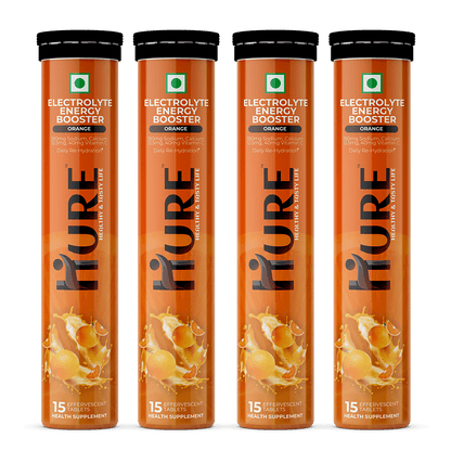 HURE Electrolyte Energy Booster 15 effervescent tablets (Orange) | Pack of 4 - Hure