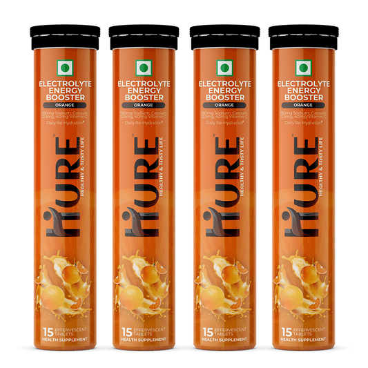 HURE Electrolyte Energy Booster 15 effervescent tablets (Orange) | Pack of 4 - Hure