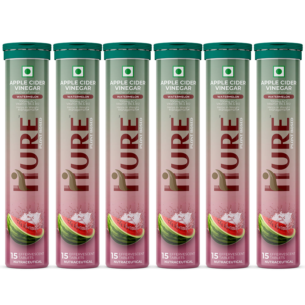 HURE ACV The Plant Fix Apple Cider Vinegar Effervescent Tablet With Vitamin B6 & B12 for weight loss|Pack of 6|Easy to consume ( Water-Melon Flavour)